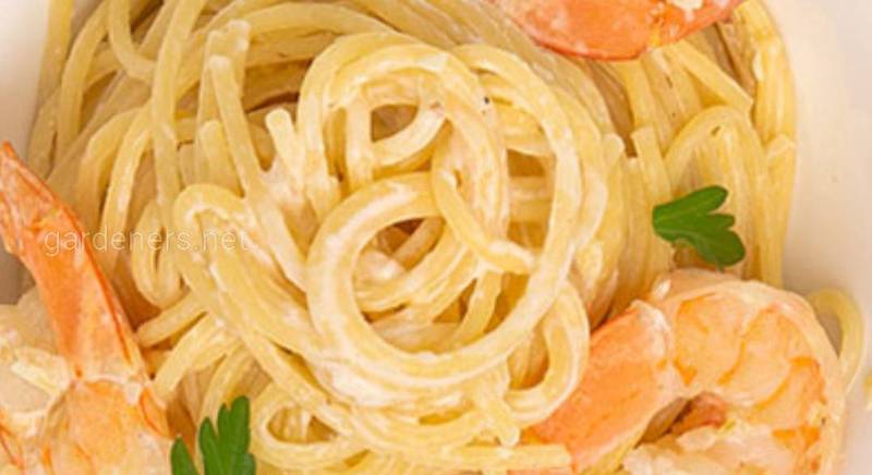 Спагетти с креветками в сливочно- чесночным соусе. 